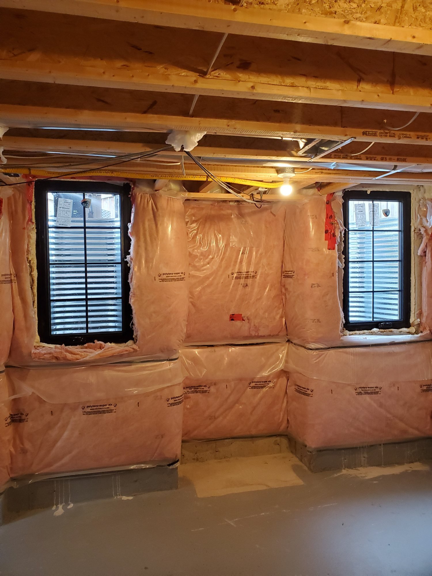 Black-interior casement egress windows in an unfinished Waterdown basement