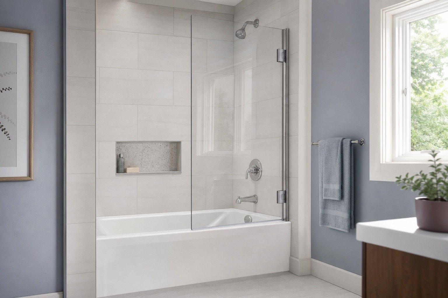 Clear hinged bath screen over a residential tub