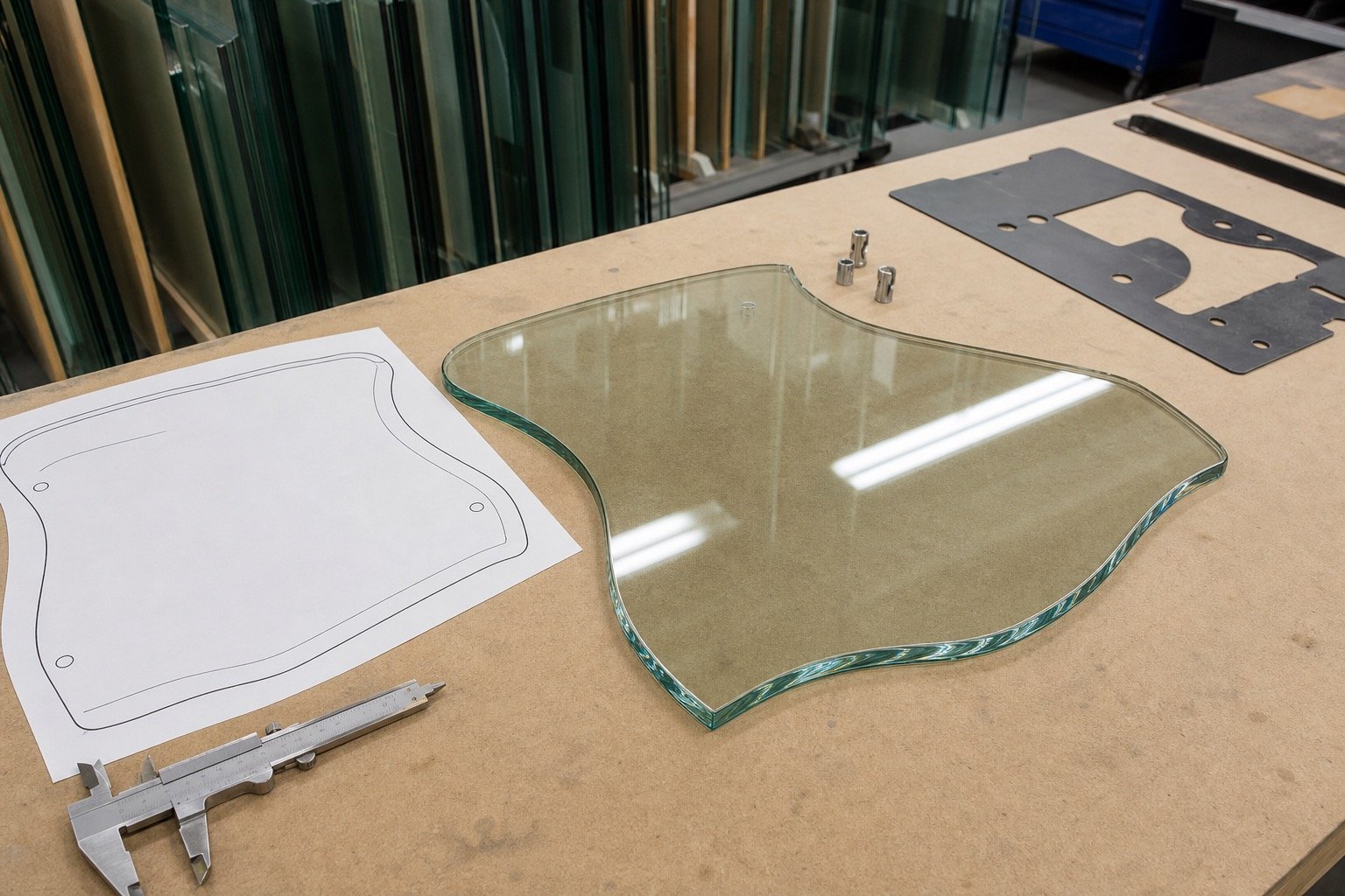 Custom glass edge and shape planning on a fabrication table