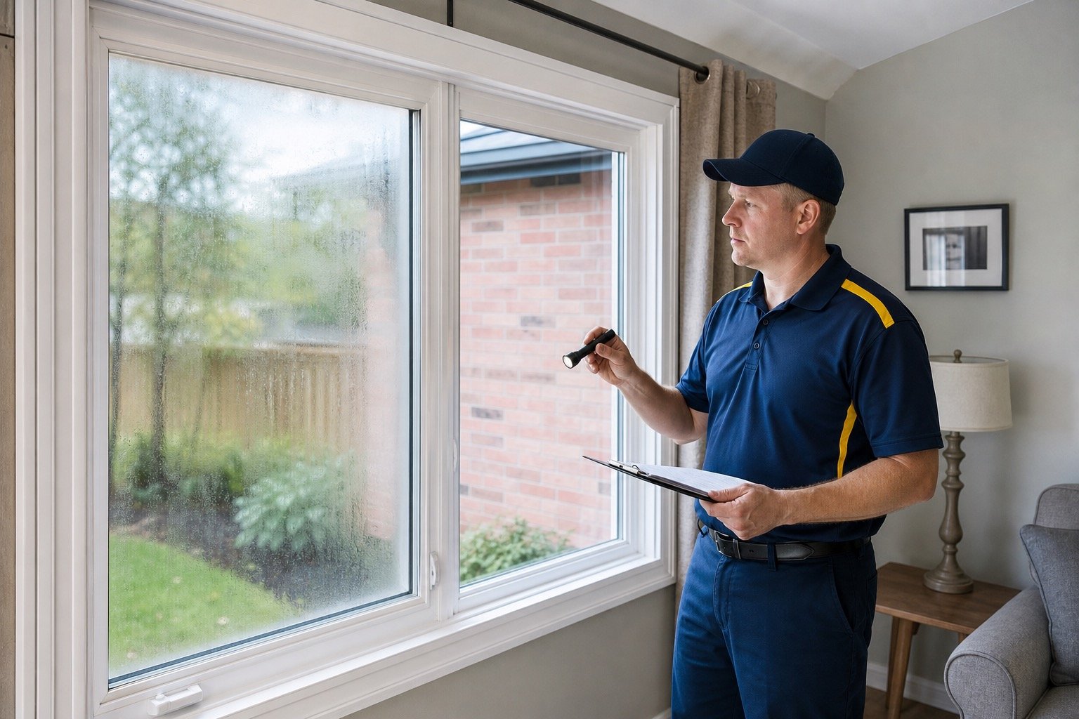 Technician assessing a fogged insulated glass unit
