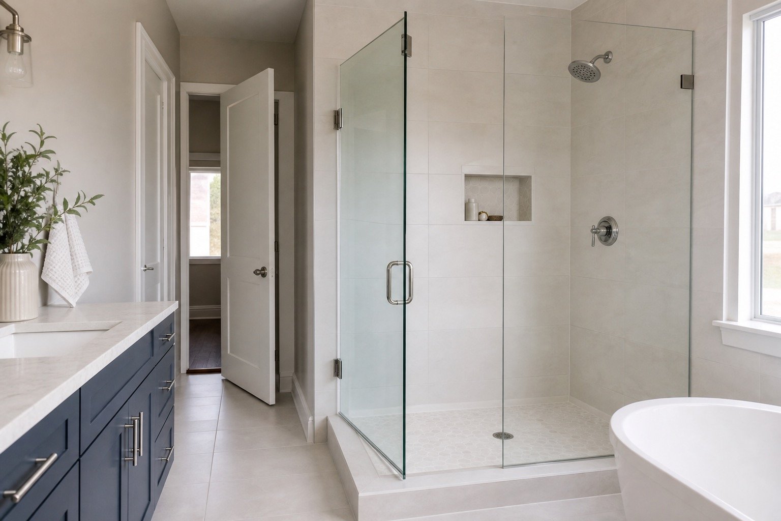 Finished frameless shower enclosure in an attainable bathroom