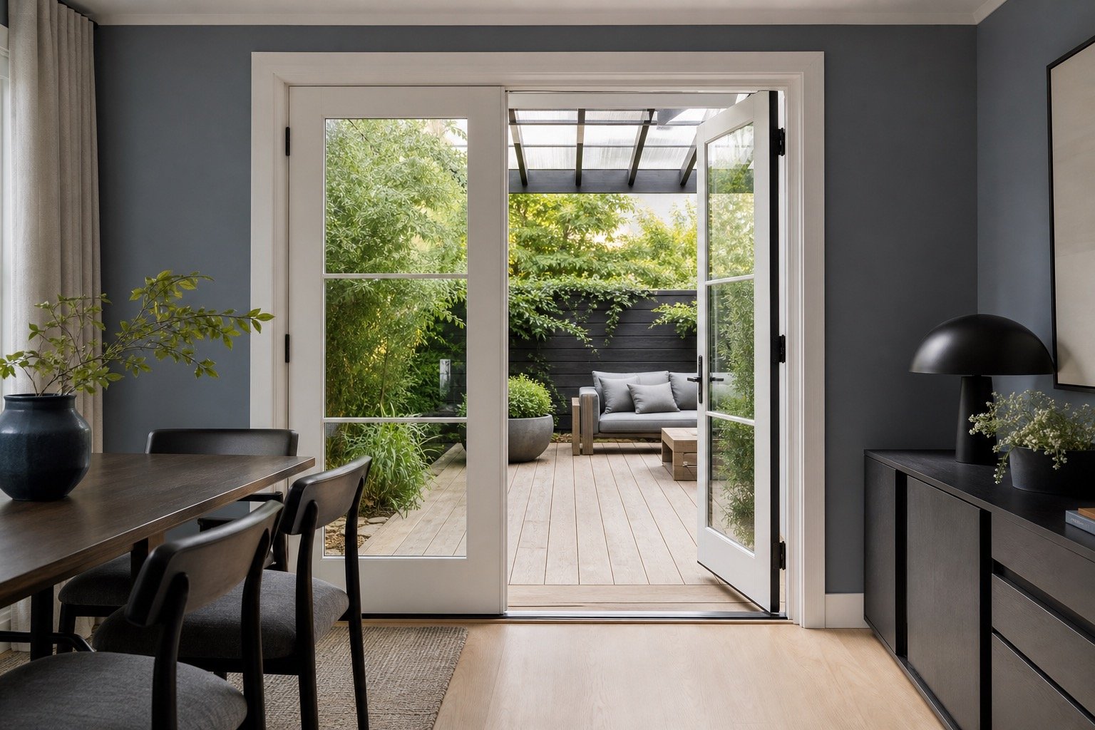 Hinged garden doors opening toward a sheltered backyard