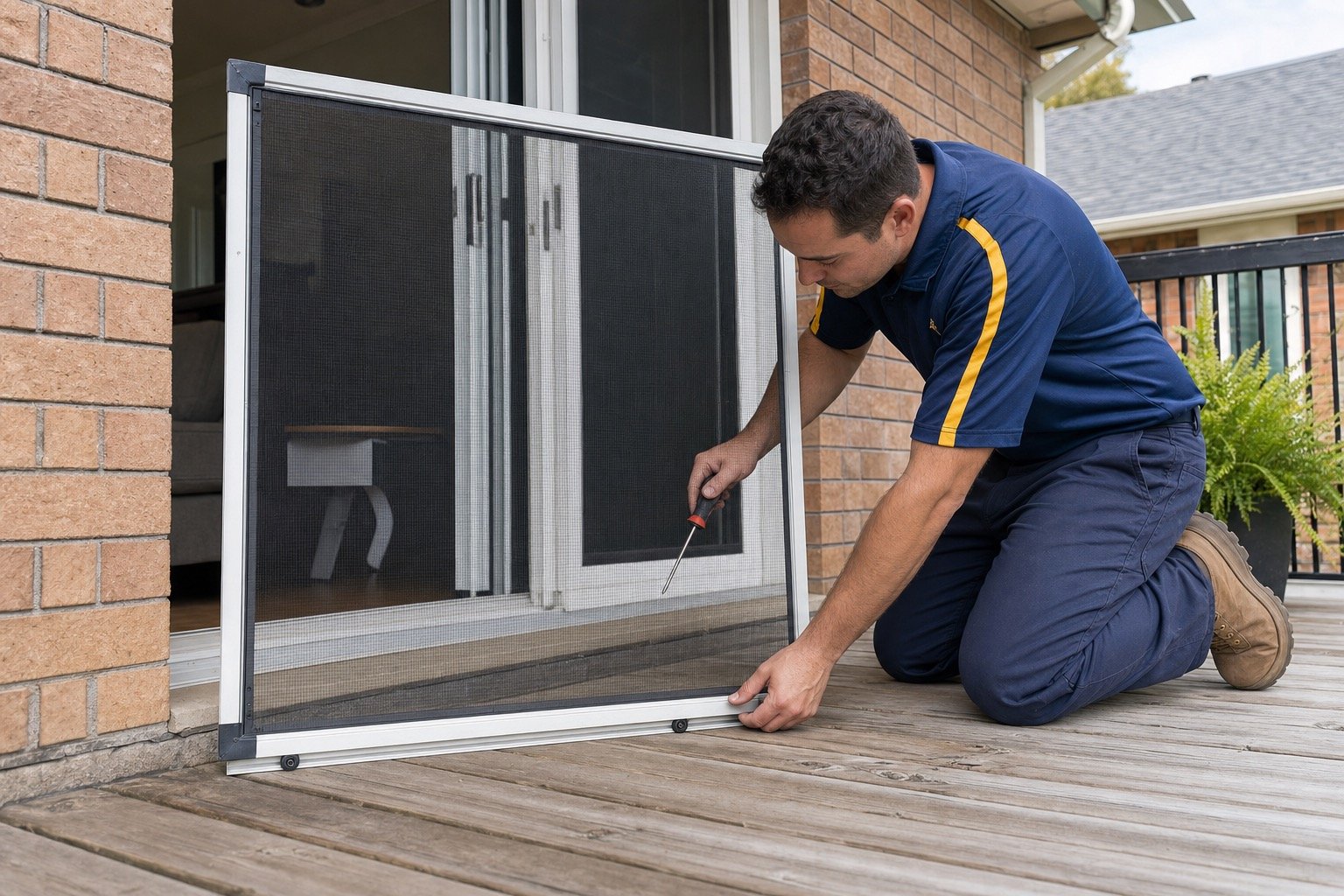 Technician servicing a sliding patio-door screen