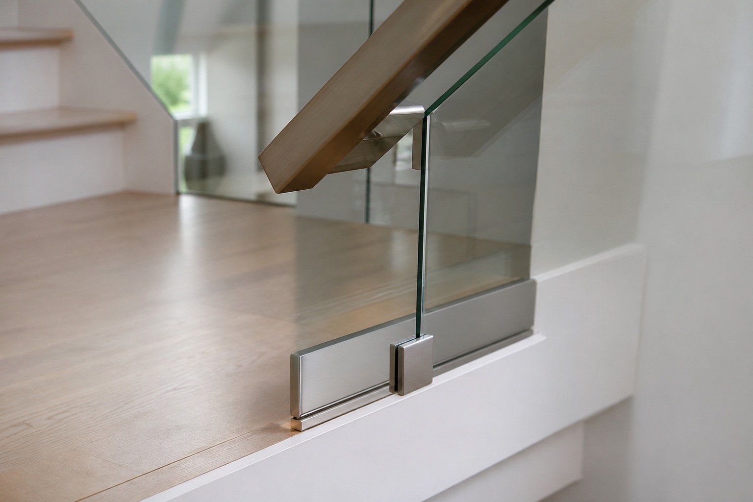 Close architectural detail of glass railing connections