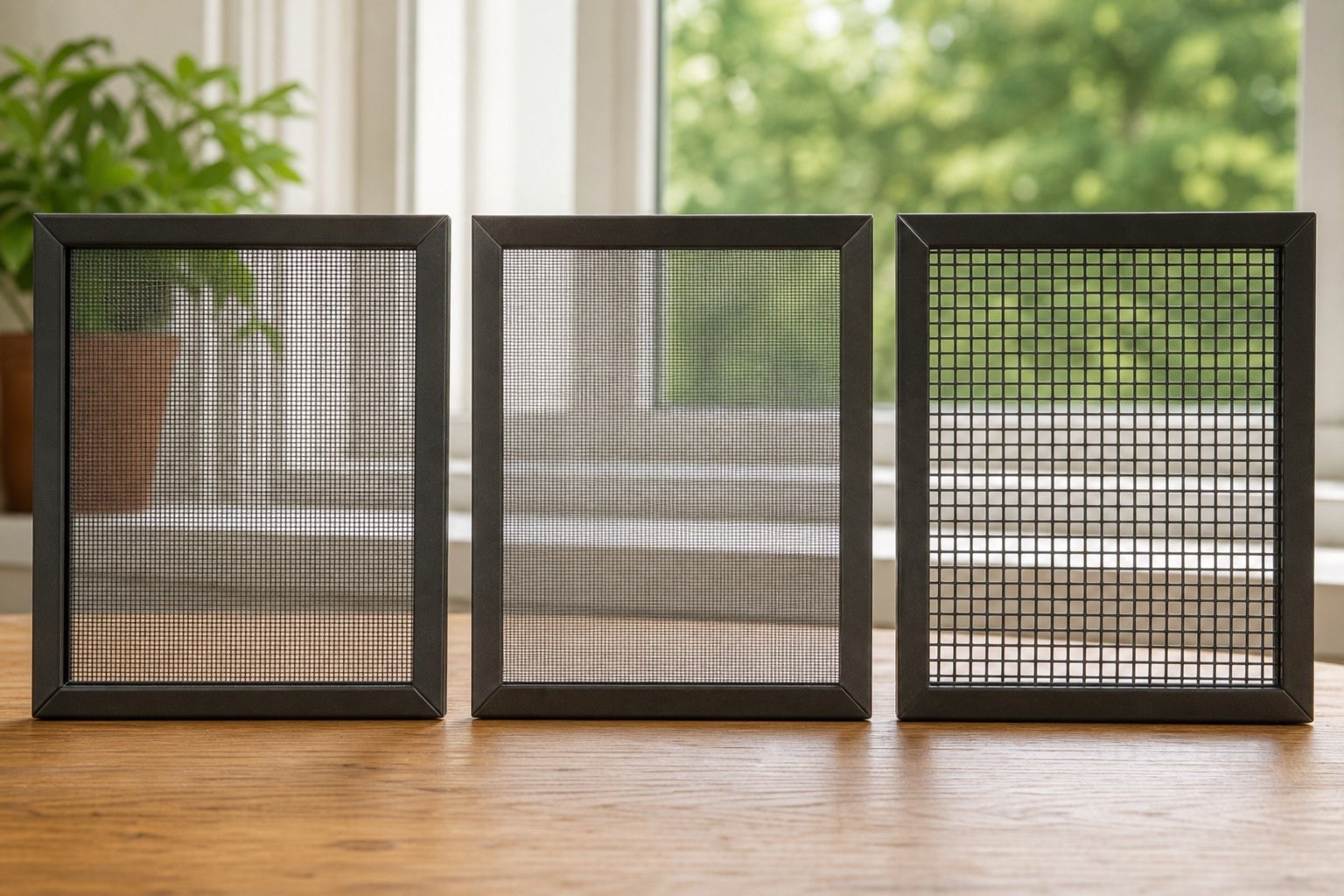 Three practical insect-screen mesh samples in residential frames