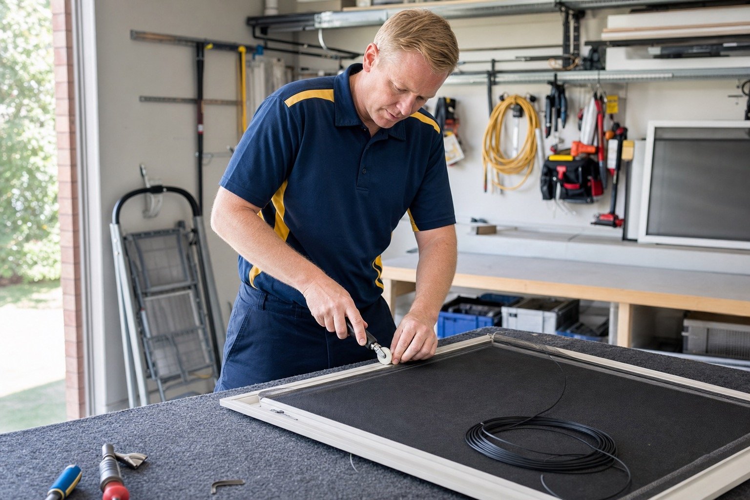 Windows Hamilton technician repairing a removable window screen