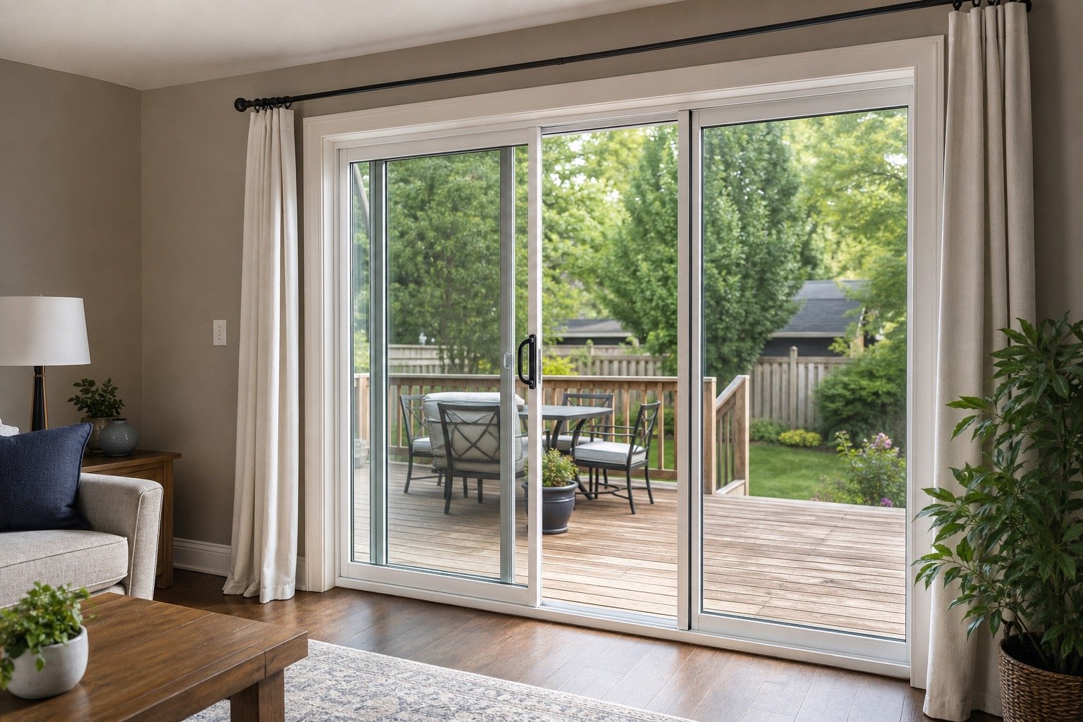 Sliding patio door connecting a family room and backyard deck