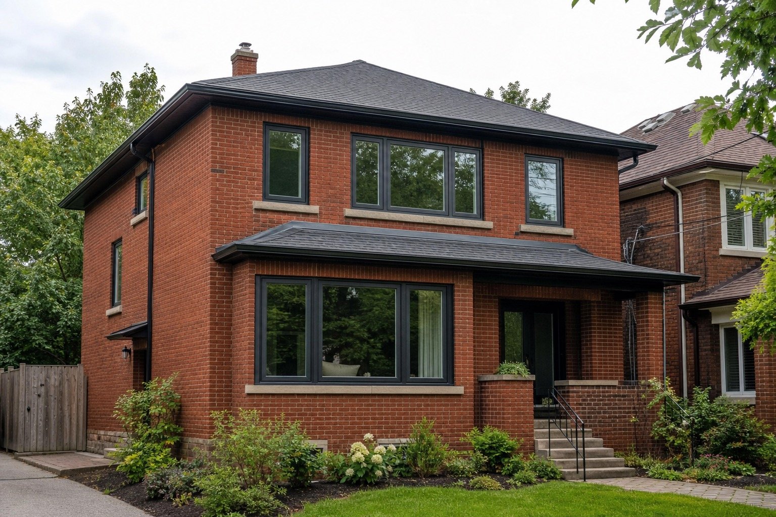 Hamilton brick home showing several practical replacement window styles