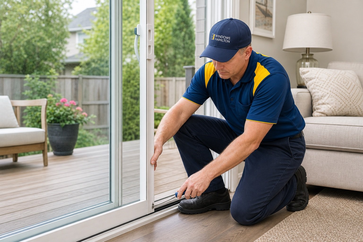 Windows Hamilton technician adjusting a sliding patio door