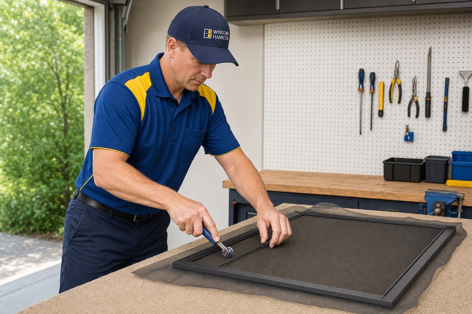 Windows Hamilton technician repairing a window screen