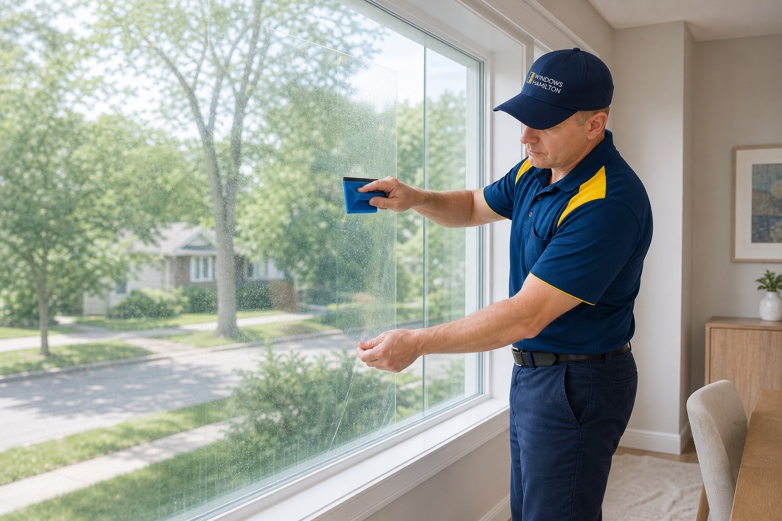 Windows Hamilton technician applying architectural film to a residential window