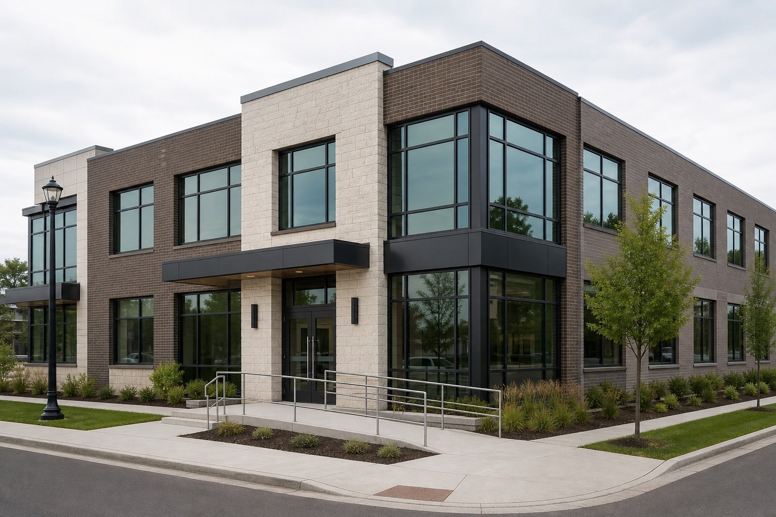 Hamilton-area commercial building with storefront and upper window glazing