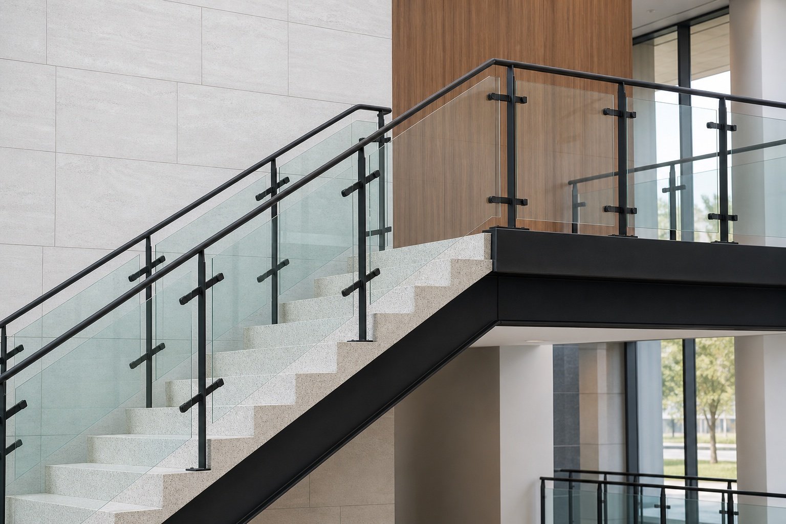 Modern glass railing installed around an open stair