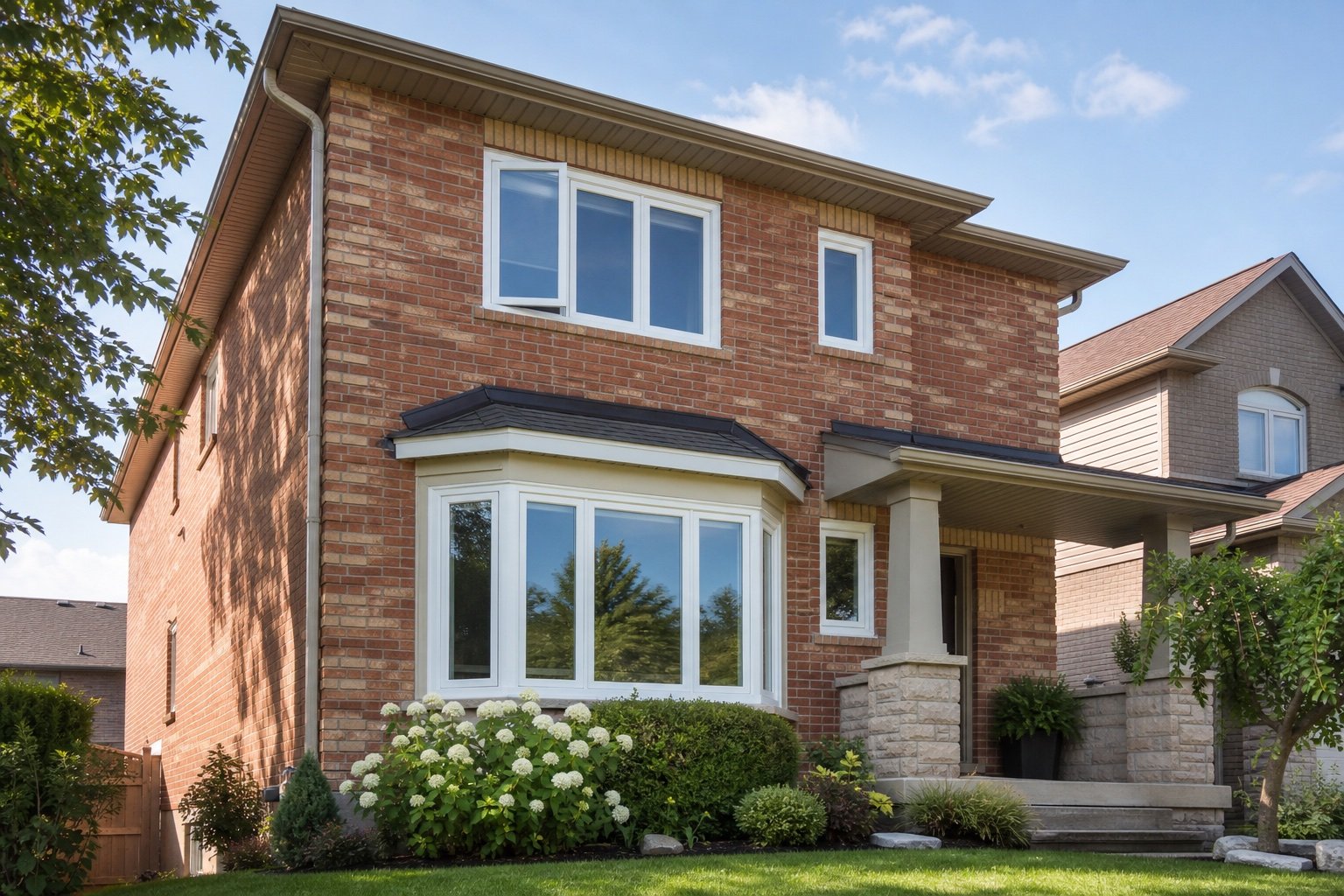 Completed replacement windows on a Hamilton-area brick home