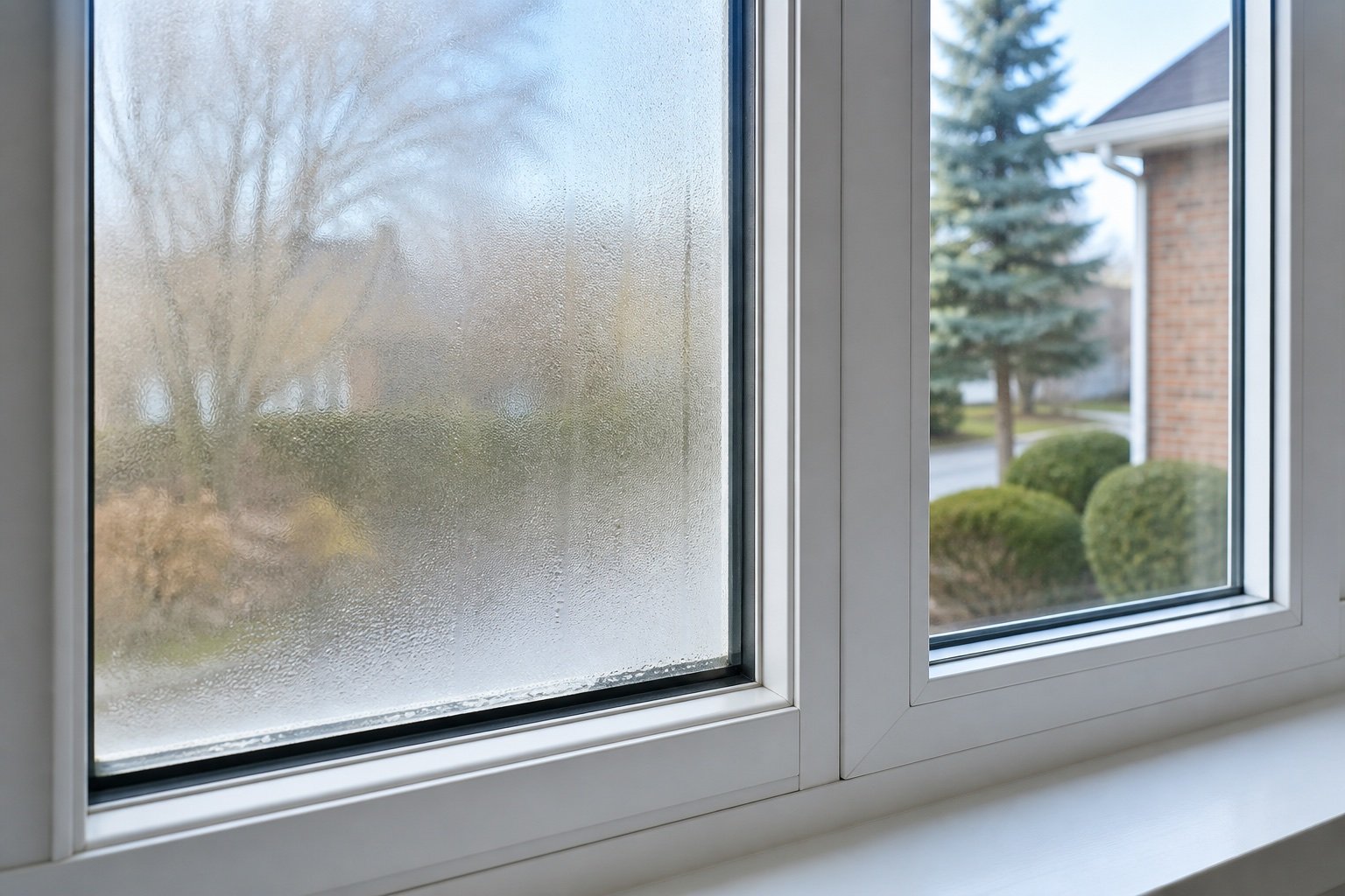 Failed insulated glass beside a clear neighbouring window