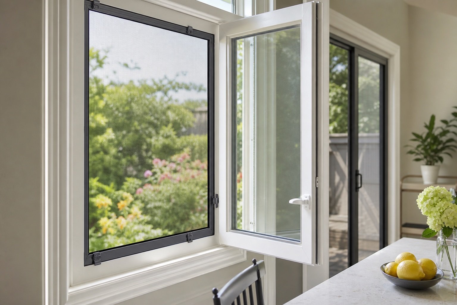New insect screen fitted into a casement window opening