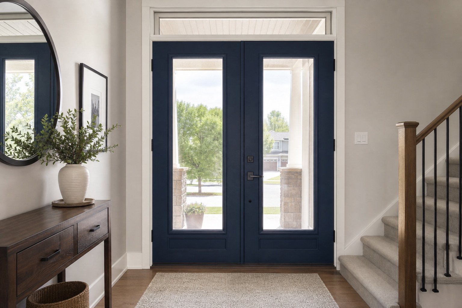 Glazed double entry doors viewed from inside