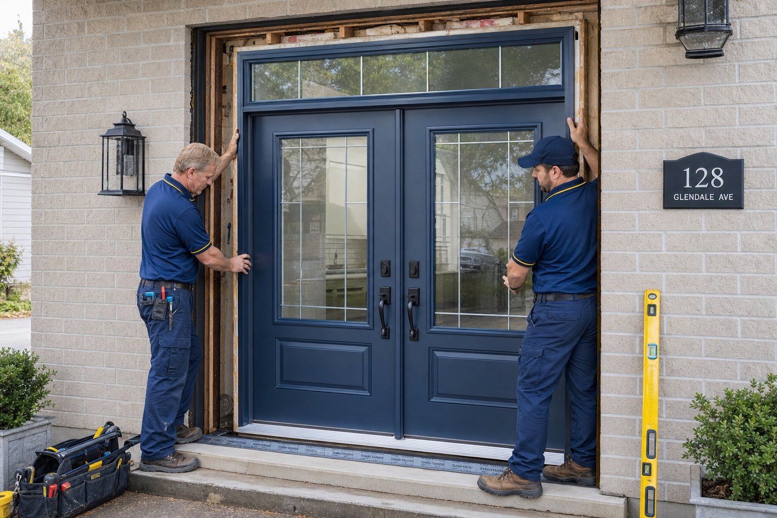 Windows Hamilton technicians installing a double-door frame