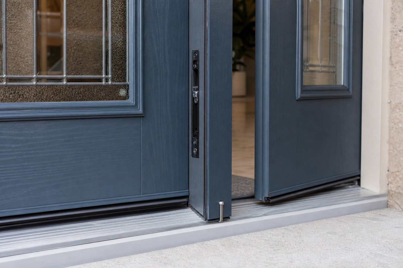 Double-door meeting stile, threshold and locking detail