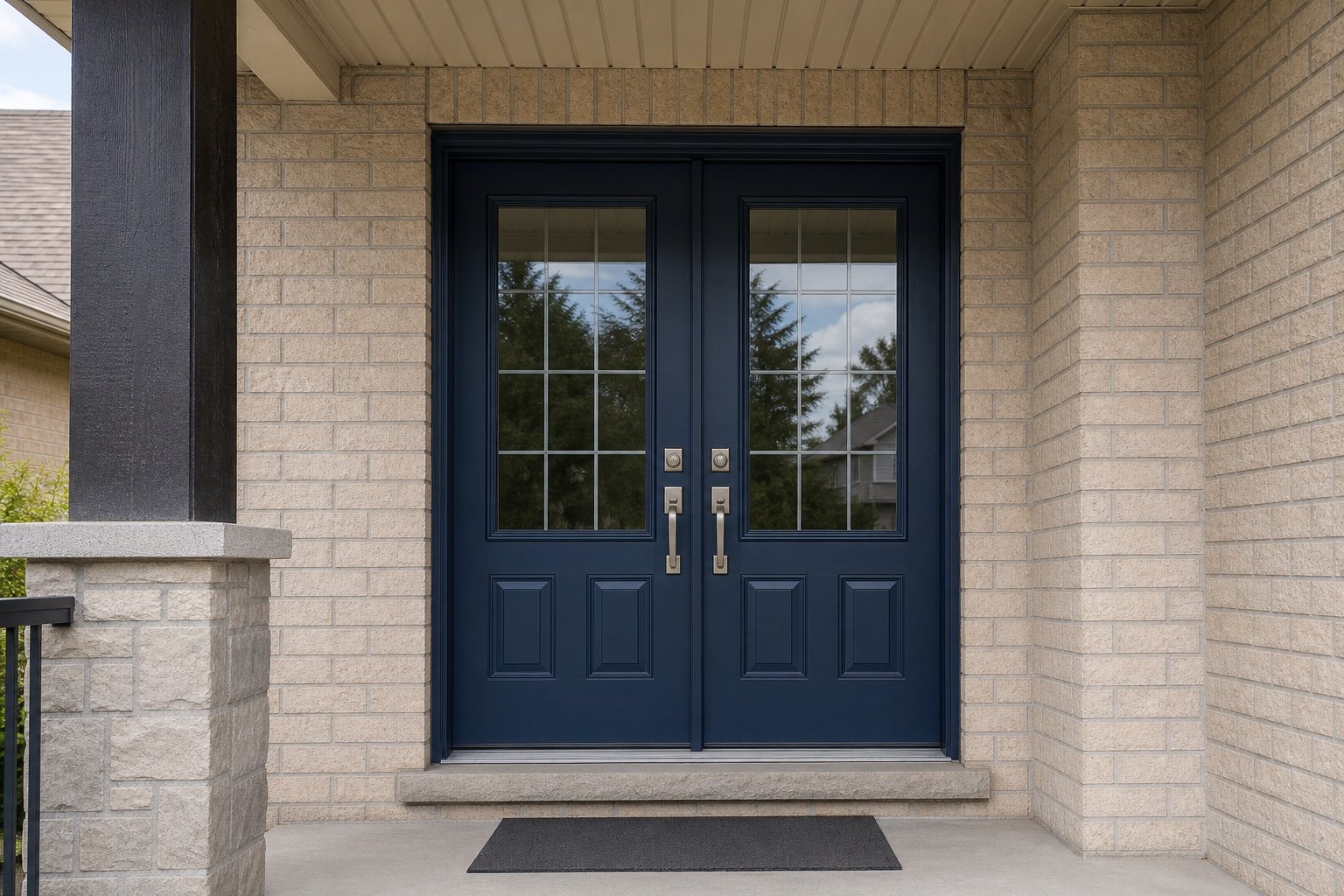 Aligned double entry doors centred on a covered porch
