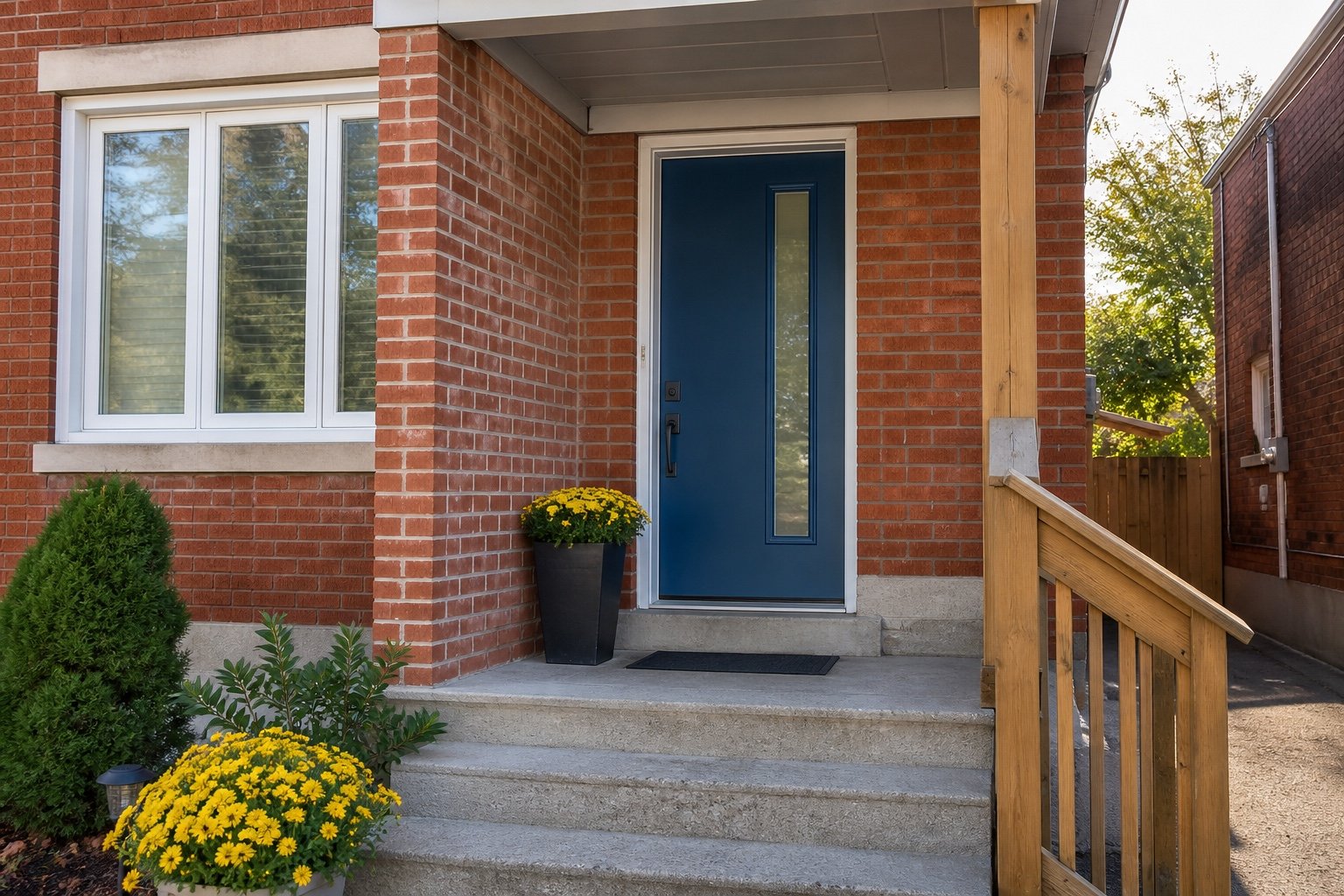 Blue single entry door with a narrow glass insert on a Hamilton-area brick home