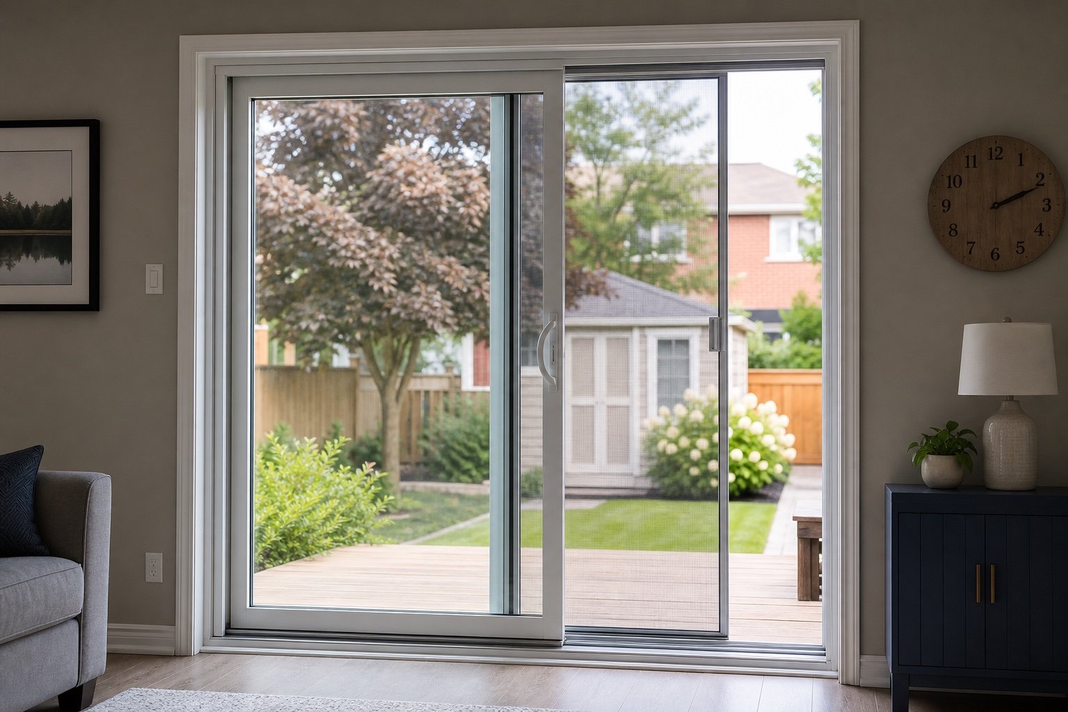 Two-panel sliding patio door with one active panel