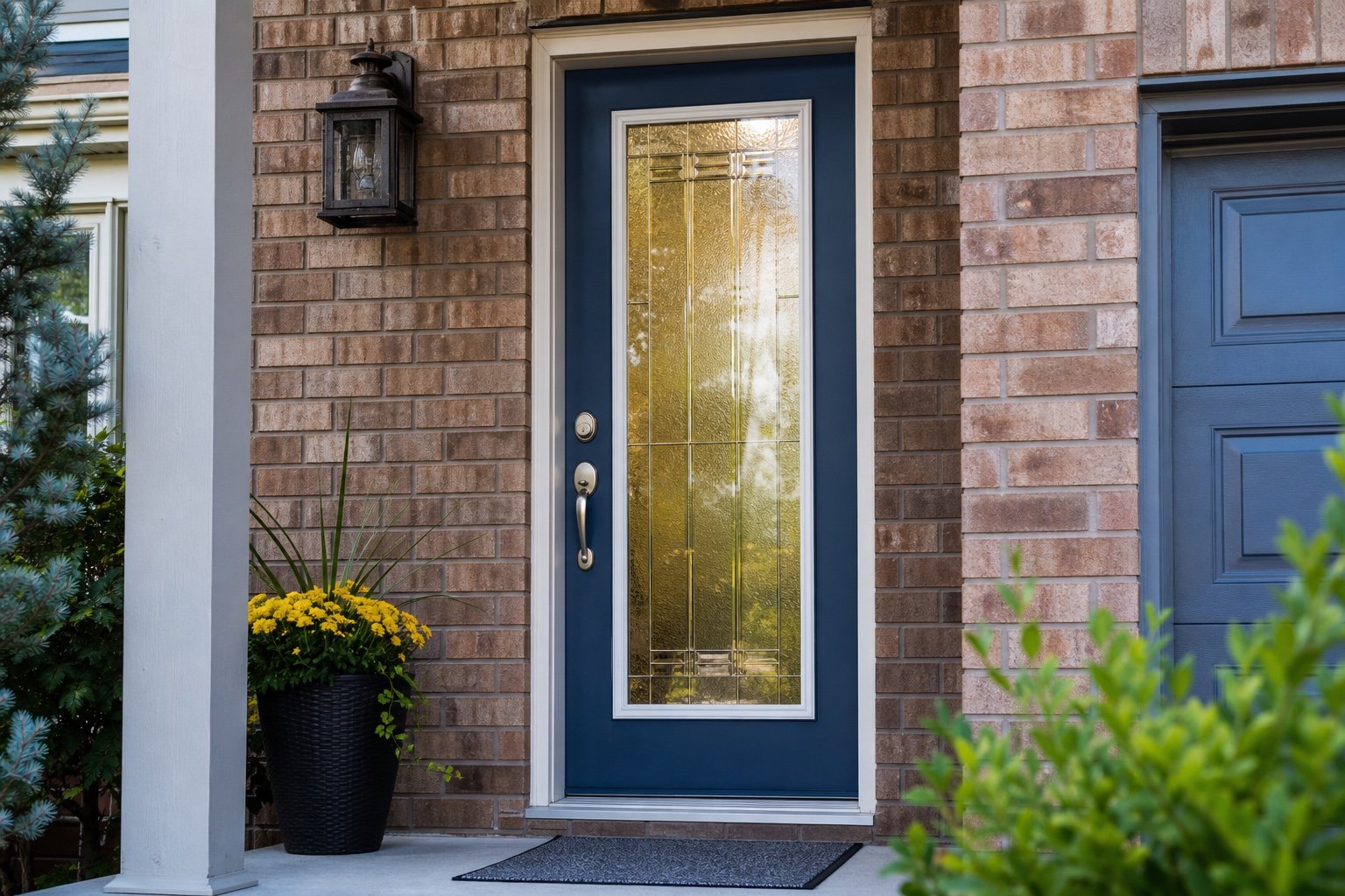 Blue entry door with a tall decorative privacy-glass insert