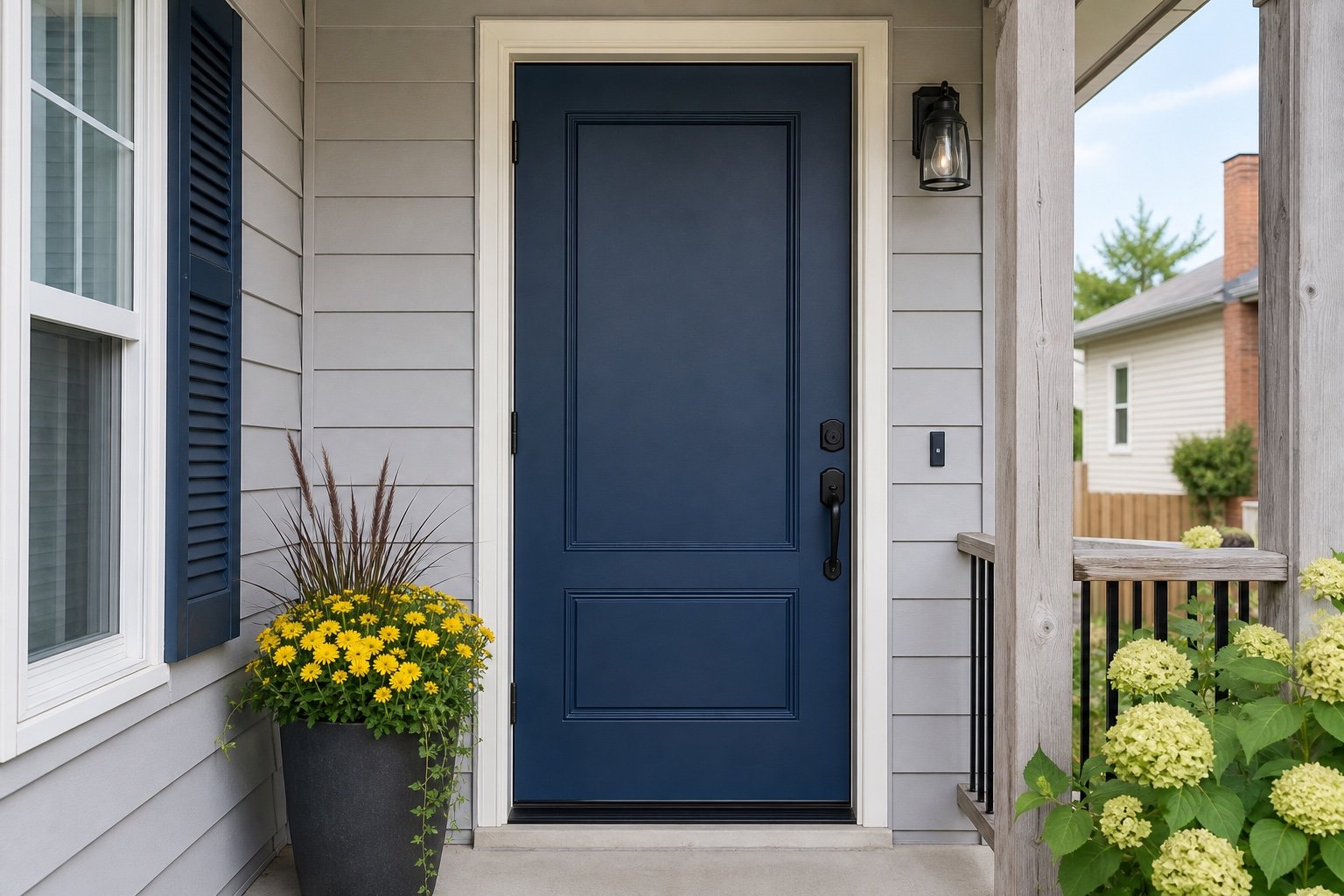 Solid blue single entry door without glazing