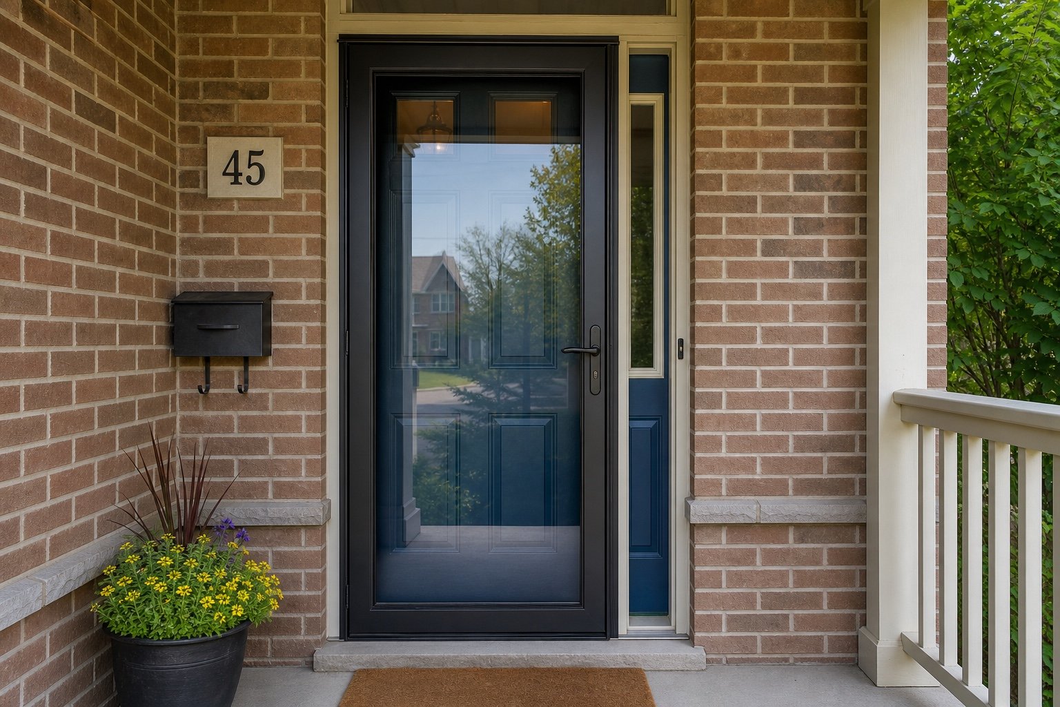 Full-view storm door mounted outside a blue entry door