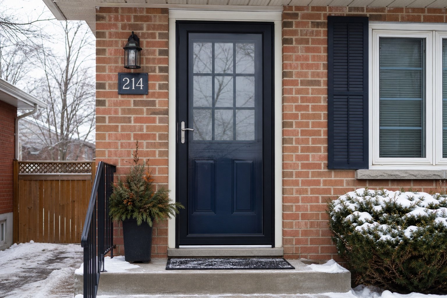 Full-view storm door on a Hamilton brick entrance in winter