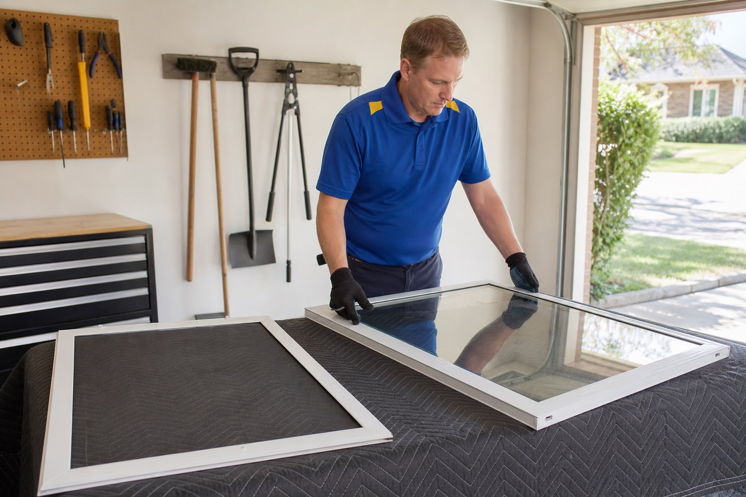 Technician preparing storm-door glass and screen panels