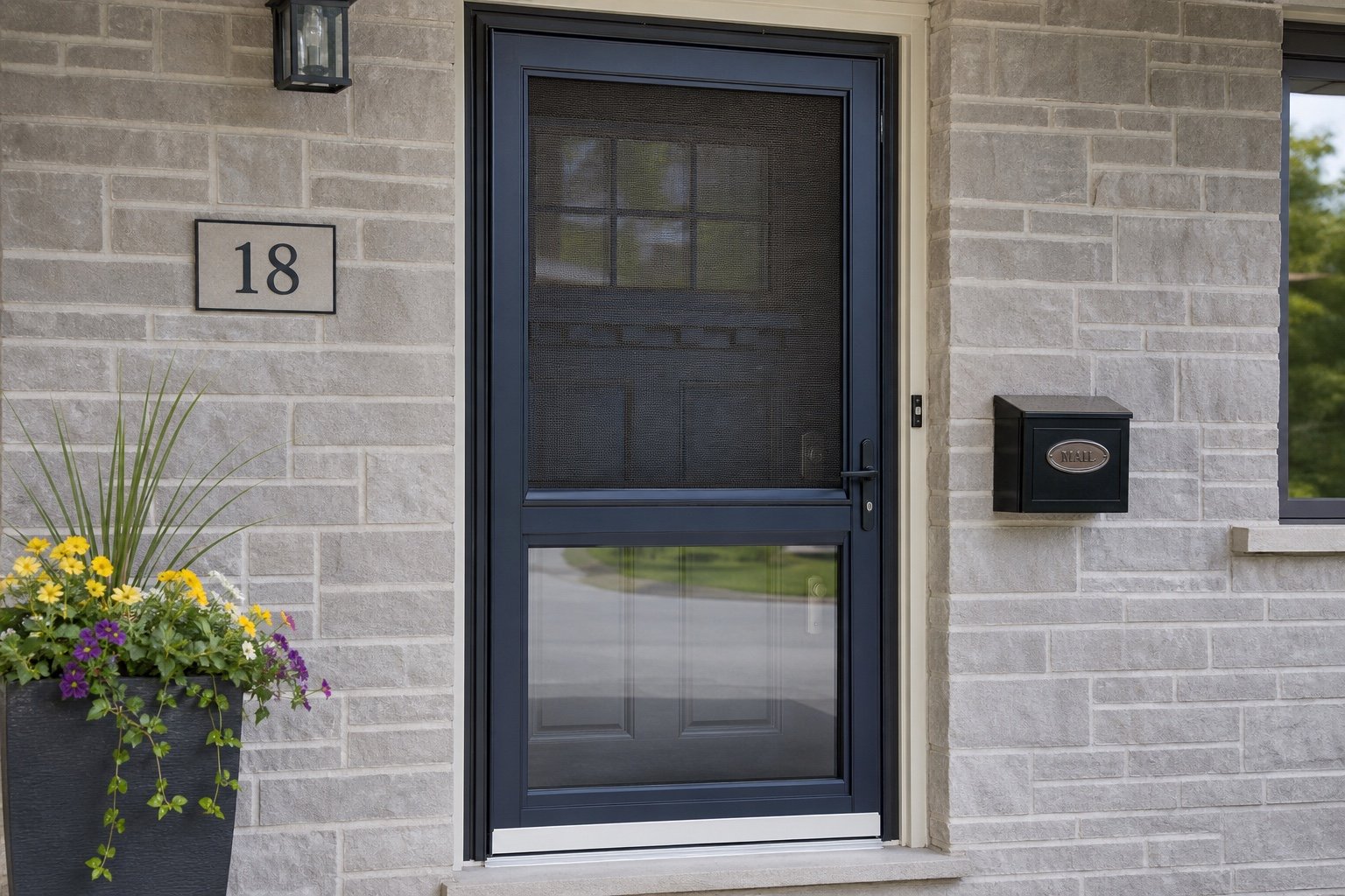 Self-storing ventilating storm door