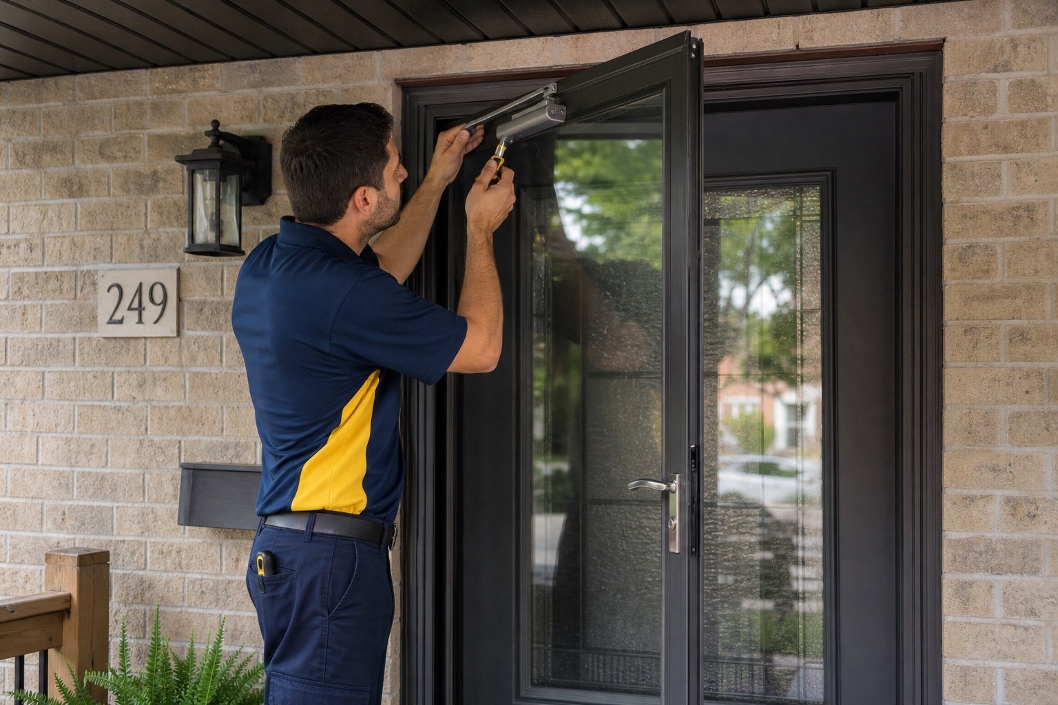 Windows Hamilton technician adjusting a storm-door closer