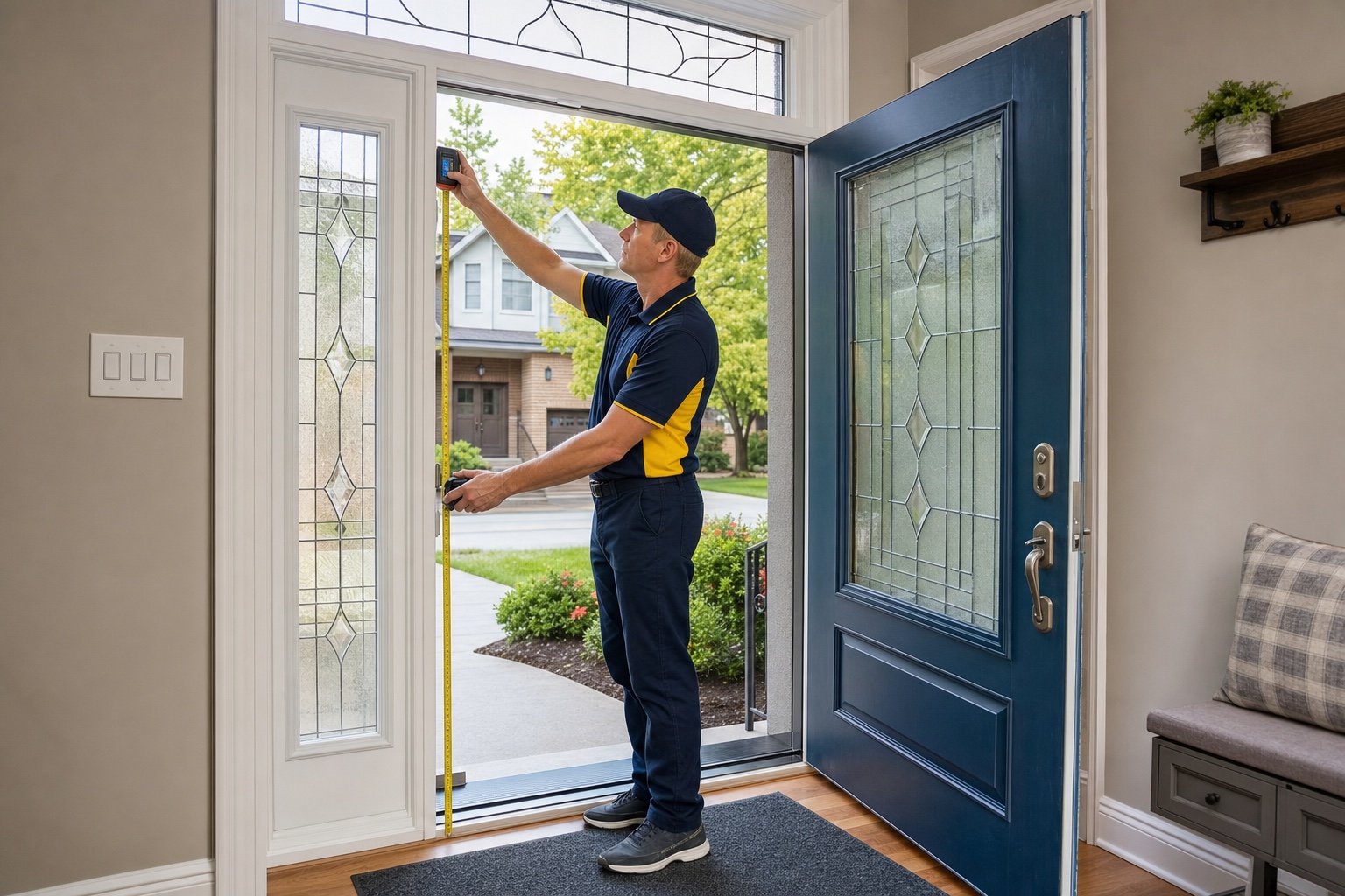 Windows Hamilton technician measuring a tall entry opening
