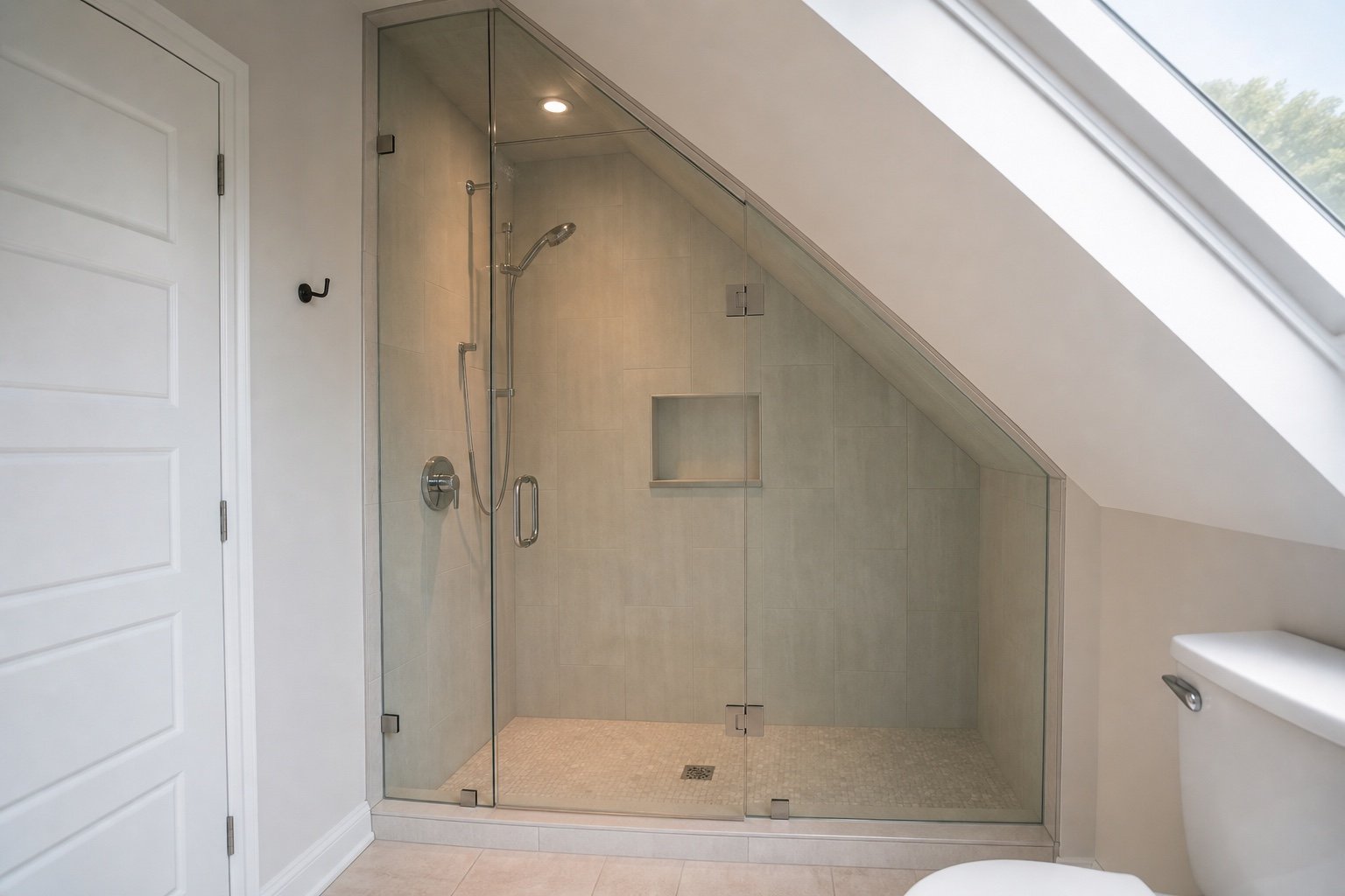 Custom shower glass fitted beneath a sloped ceiling
