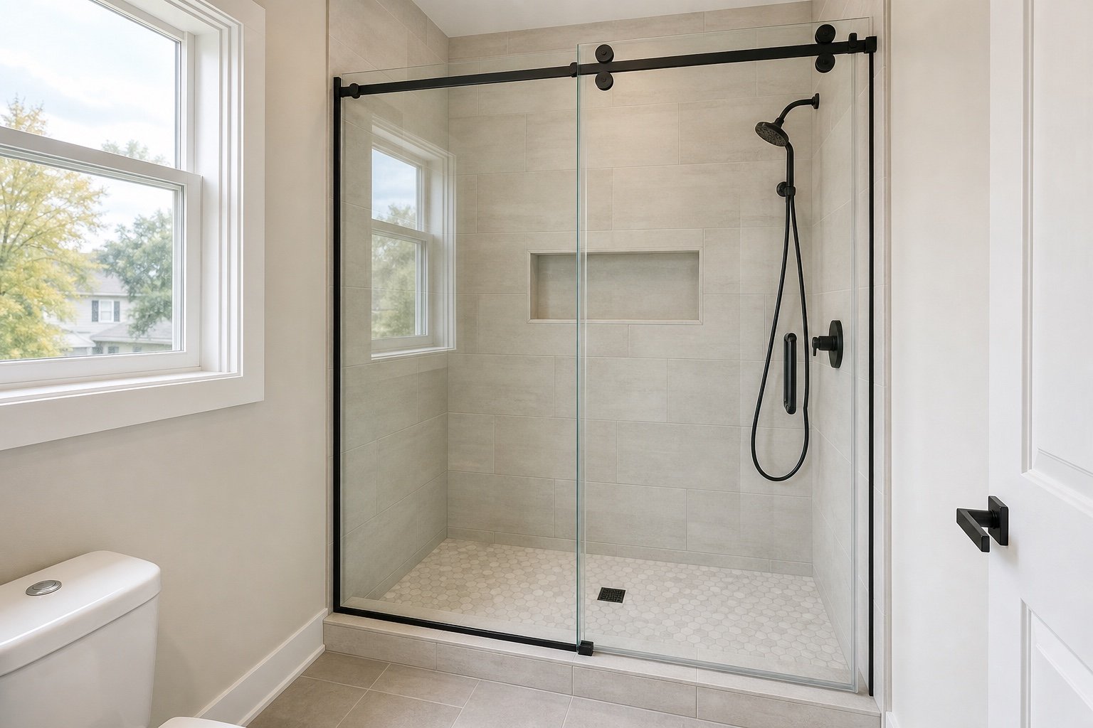 Barn-style sliding shower door with exposed rollers