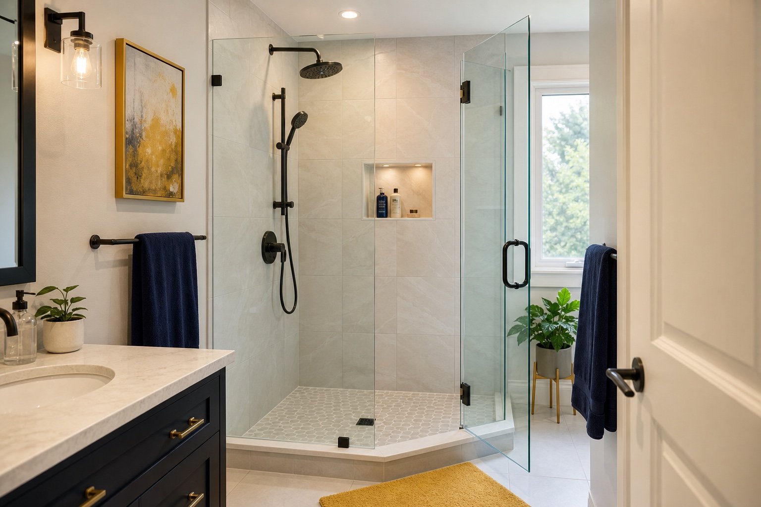 Completed frameless shower viewed from the bathroom doorway