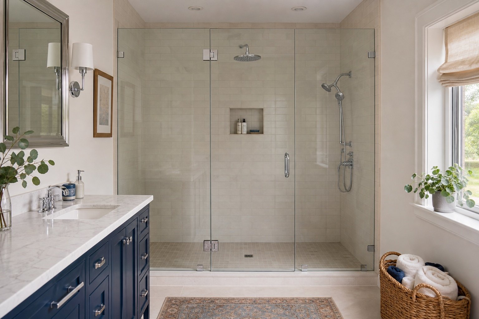 Inline shower door and fixed panels