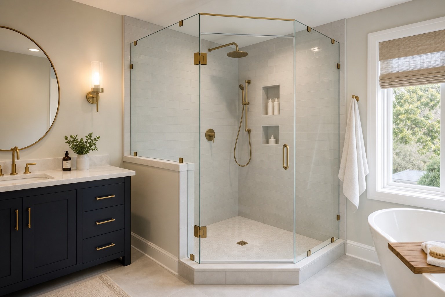 Site conditions considered for neo-angle pivot shower door