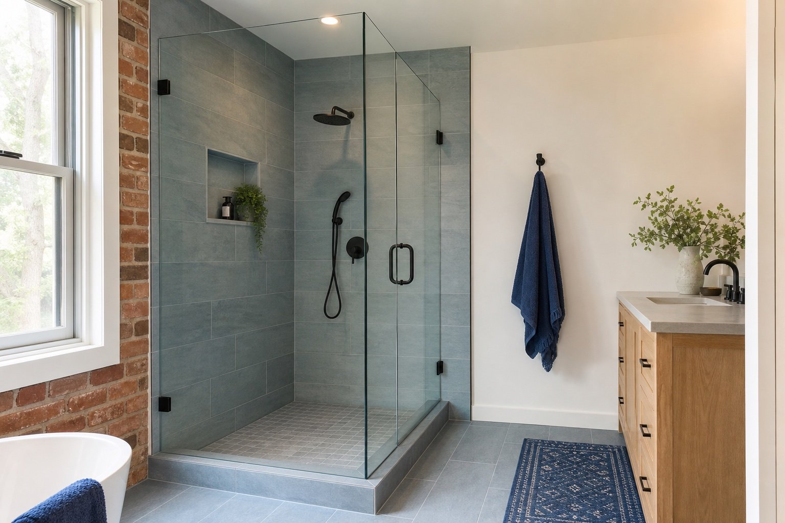 Completed frameless glass shower enclosure in a blue-grey Hamilton bathroom