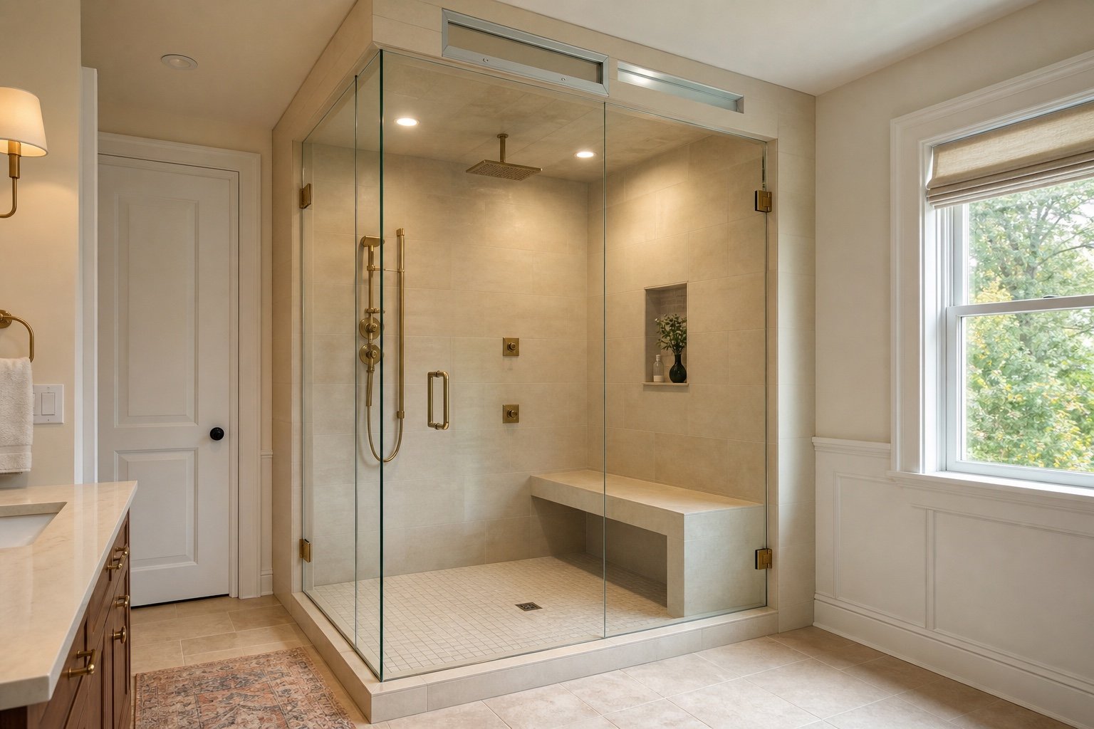 Full-height steam enclosure with a tiled bench