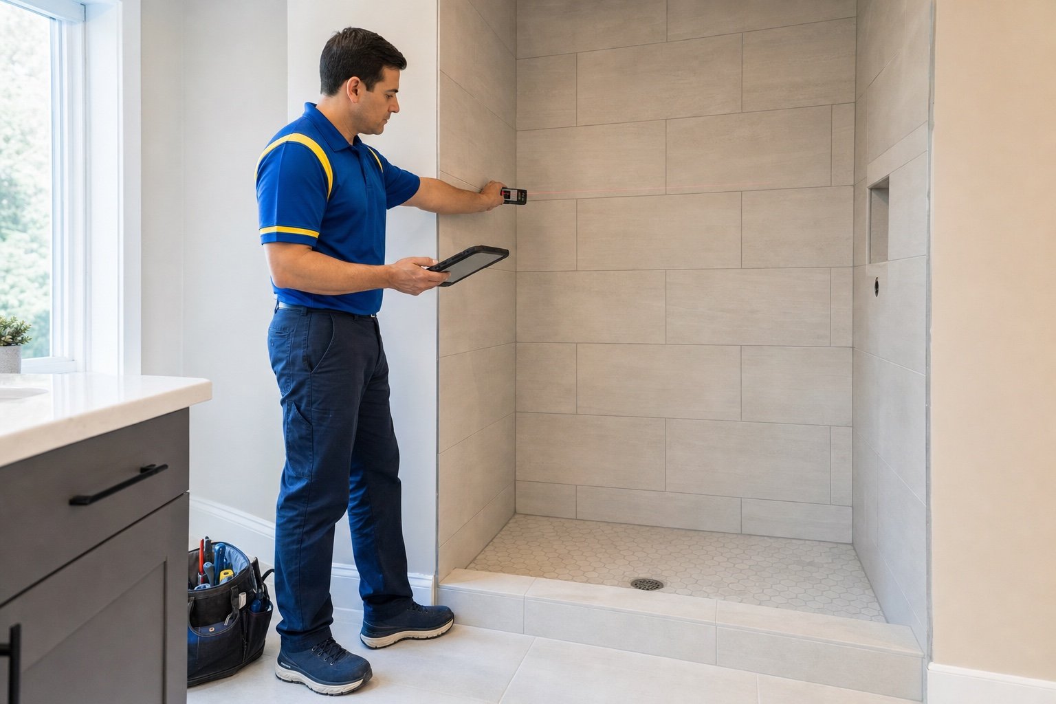 Windows Hamilton technician taking preliminary laser measurements in a tiled shower opening