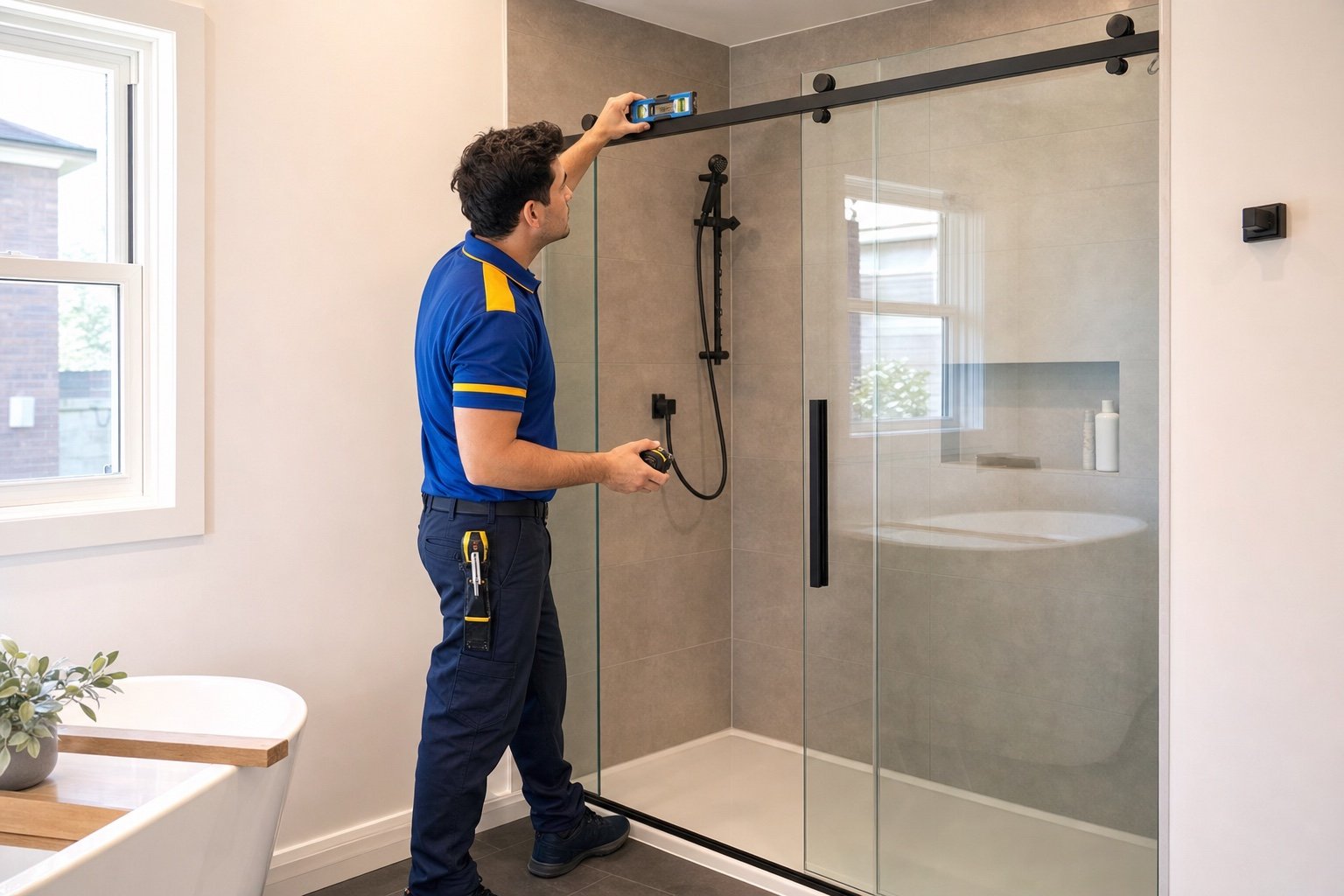 Completed blue-grey bathroom with shower glass
