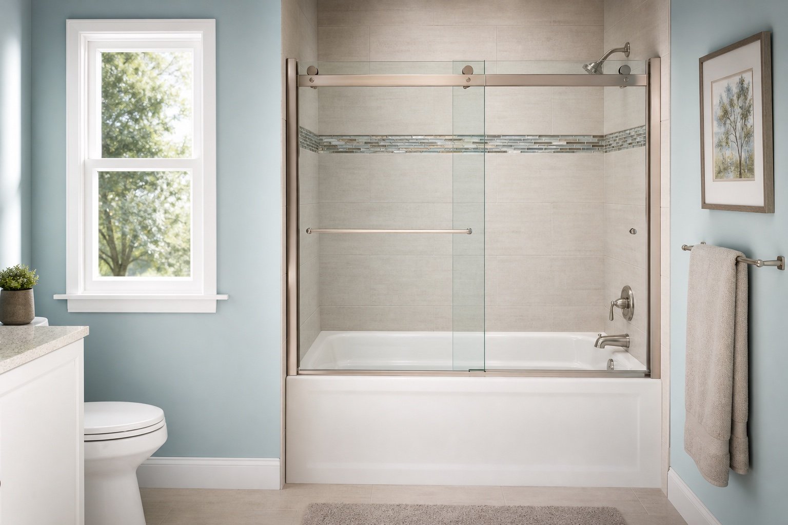 Glass enclosure above a bathtub