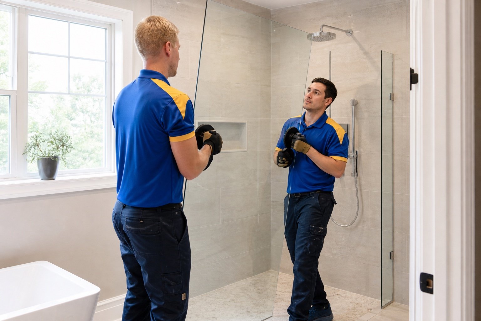 Windows Hamilton technicians positioning a large fixed shower panel