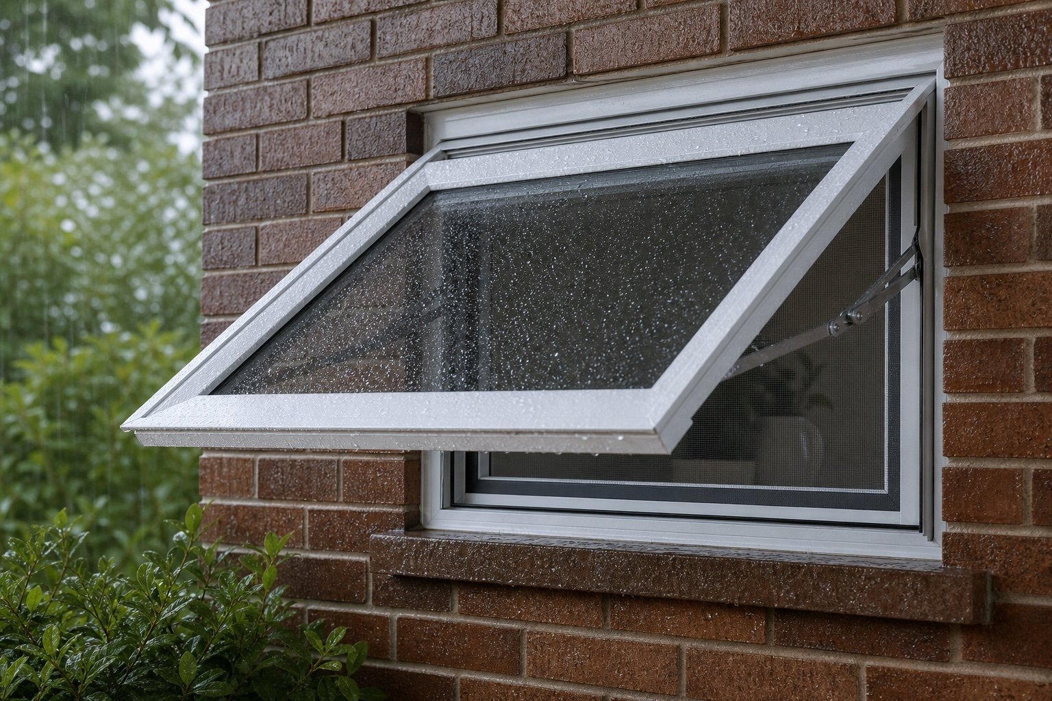 White awning window hinged at the top and opening outward from the bottom