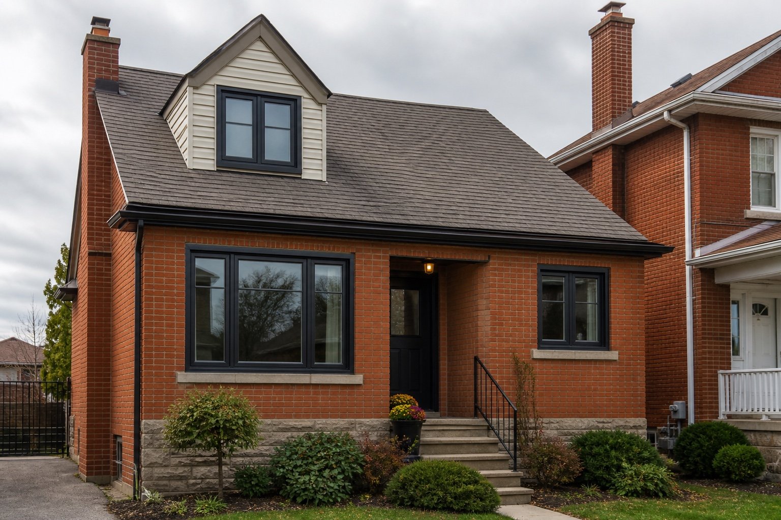 Hamilton brick home with coordinated dark replacement windows