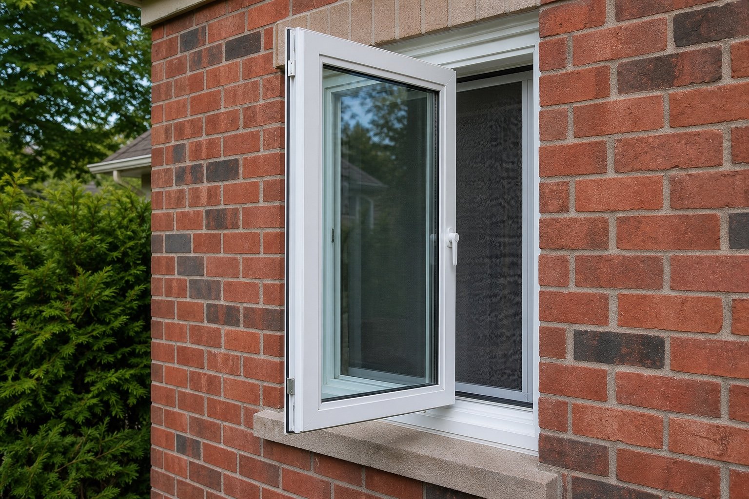 White casement window opening outward from a Hamilton-area brick home