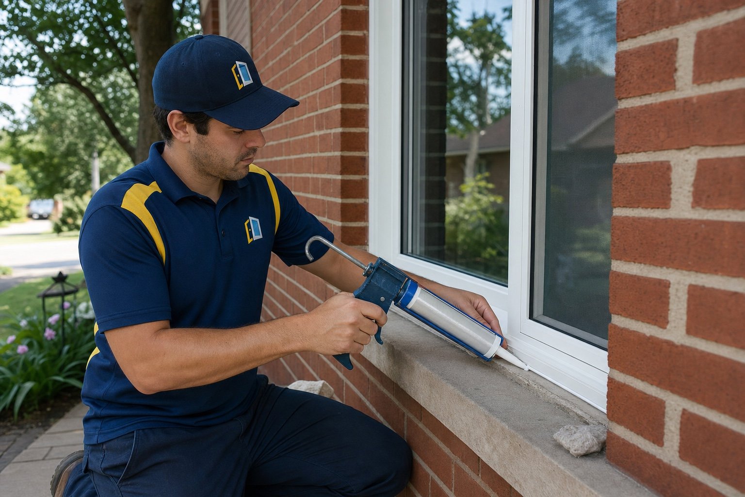 Technician applying a neat exterior window perimeter seal