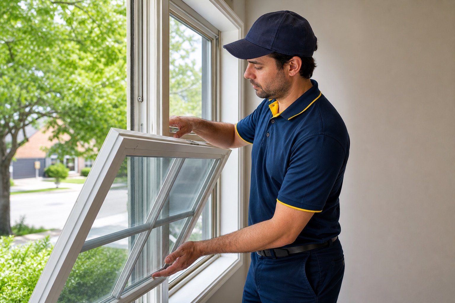 Technician supporting a hung-window sash during an operating-system check